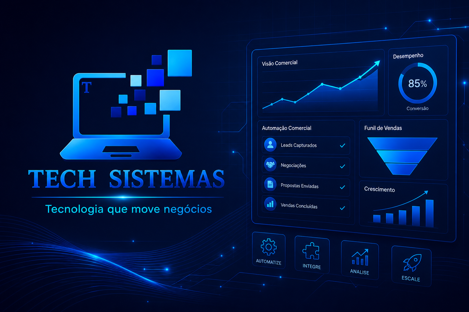 Tech Sistemas e painel de automação comercial com indicadores de vendas e desempenho
